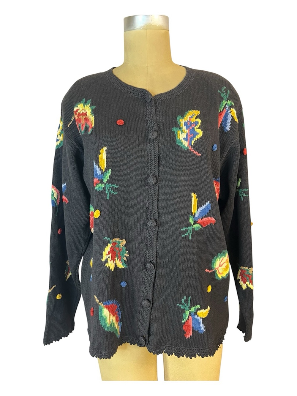 Susan Bristol Vtg Black Hand Embroidered Leaf Print Cardigan with Multicolor